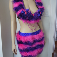 Cheshire Cat Fur Costume Alice In wonderland bra Costume Cosplay Dance Costume Rave Bra Rave Wear Halloween Burlesque Show Girl - Thumbnail 4