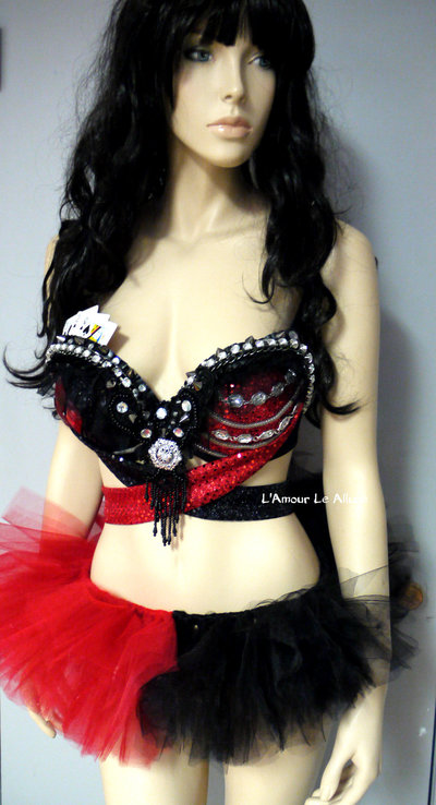 Harley Quinn Bra and tutu Cosplay Dance Costume Rave Bra Rave Wear Halloween Burlesque Show Girl