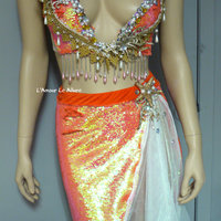 Iridescent Orange Sequins Scale Mermaid Plunge Bra Cosplay Dance Costume Rave Bra Halloween Siren of the Sea - Thumbnail 1