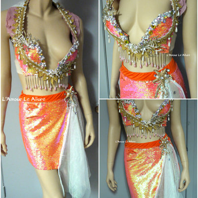 Iridescent orange sequins scale mermaid plunge bra cosplay dance costume rave bra halloween siren of the sea - Thumbnail 5