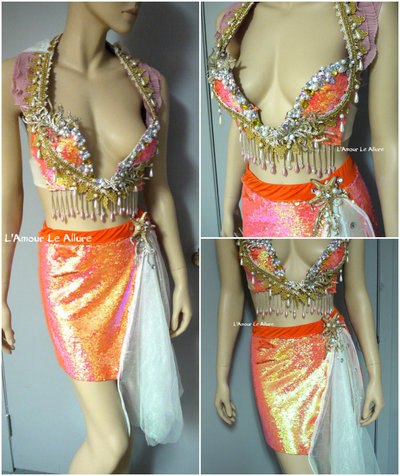 Iridescent Orange Sequins Scale Mermaid Plunge Bra Cosplay Dance Costume Rave Bra Halloween Siren of the Sea