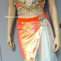Iridescent Orange Sequins Scale Mermaid Plunge Bra Cosplay Dance Costume Rave Bra Halloween Siren of the Sea - Thumbnail 2