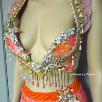 Iridescent Orange Sequins Scale Mermaid Plunge Bra Cosplay Dance Costume Rave Bra Halloween Siren of the Sea - Thumbnail 3