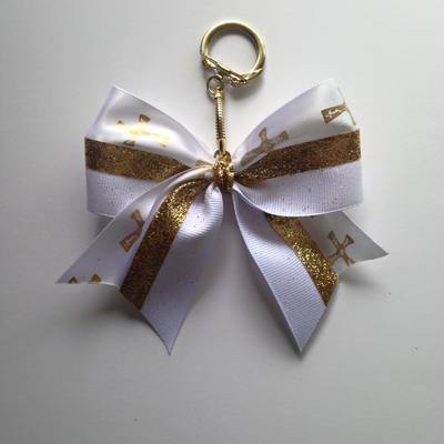 Tiny double bow -glitter gold and white with crosses-keychain - Thumbnail 2