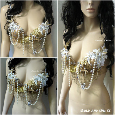 Dripping in gold mermaid bra cosplay dance costume rave bra rave wear halloween burlesque show girl