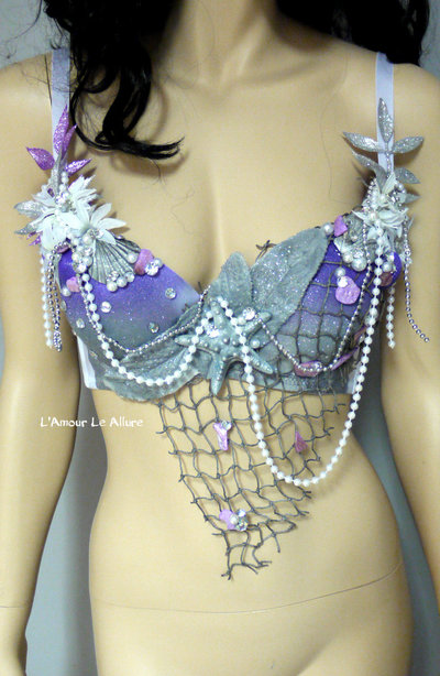 Dripping in Silver Purple Mermaid Bra Cosplay Dance Costume Rave Bra Rave Wear Halloween Burlesque Show Girl