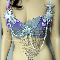 Dripping in Silver Purple Mermaid Bra Cosplay Dance Costume Rave Bra Rave Wear Halloween Burlesque Show Girl - Thumbnail 3