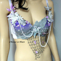Dripping in Silver Purple Mermaid Bra Cosplay Dance Costume Rave Bra Rave Wear Halloween Burlesque Show Girl - Thumbnail 4
