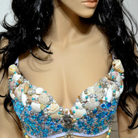 Turquoise Rhinestone Mermaid Bra Cosplay Dance Costume Rave Bra Rave Wear Halloween Burlesque Show Girl - Thumbnail 2