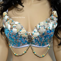 Turquoise Rhinestone Mermaid Bra Cosplay Dance Costume Rave Bra Rave Wear Halloween Burlesque Show Girl - Thumbnail 3