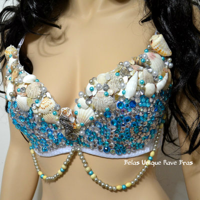 Turquoise rhinestone mermaid bra cosplay dance costume rave bra rave wear halloween burlesque show girl