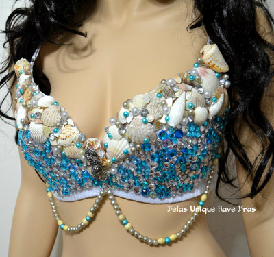 Turquoise Rhinestone Mermaid Bra Cosplay Dance Costume Rave Bra Rave Wear Halloween Burlesque Show Girl