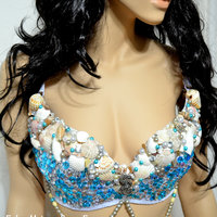 Turquoise Rhinestone Mermaid Bra Cosplay Dance Costume Rave Bra Rave Wear Halloween Burlesque Show Girl - Thumbnail 4