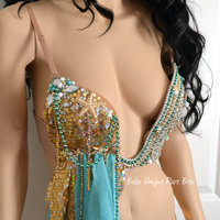 Gold Turquoise Plunge Mermaid Bra  Cosplay Dance Costume Rave Bra Rave Wear Halloween Burlesque Show Girl - Thumbnail 2