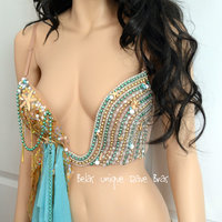 Gold Turquoise Plunge Mermaid Bra  Cosplay Dance Costume Rave Bra Rave Wear Halloween Burlesque Show Girl - Thumbnail 4