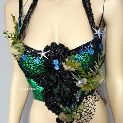 Dark green scale siren mermaid bra cosplay dance costume rave bra rave wear halloween burlesque show girl - Thumbnail 3