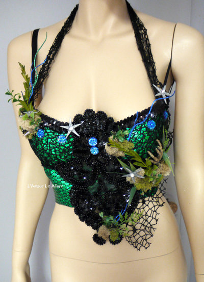 Dark Green Scale Siren Mermaid Bra Cosplay Dance Costume Rave Bra Rave Wear Halloween Burlesque Show Girl