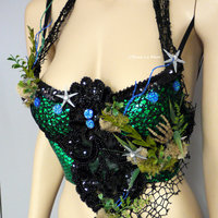 Dark Green Scale Siren Mermaid Bra Cosplay Dance Costume Rave Bra Rave Wear Halloween Burlesque Show Girl - Thumbnail 1
