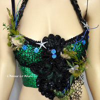 Dark Green Scale Siren Mermaid Bra Cosplay Dance Costume Rave Bra Rave Wear Halloween Burlesque Show Girl - Thumbnail 2