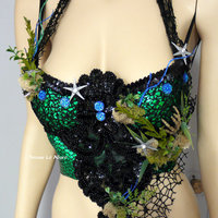 Dark Green Scale Siren Mermaid Bra Cosplay Dance Costume Rave Bra Rave Wear Halloween Burlesque Show Girl - Thumbnail 3