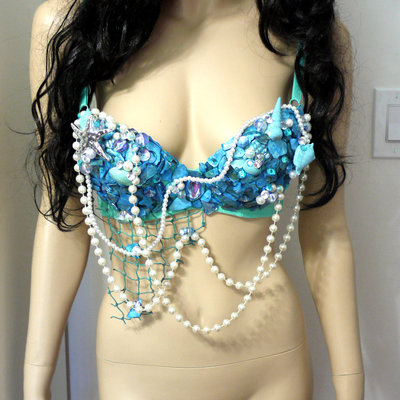 Turquoise shell mermaid bra cosplay dance costume rave bra rave wear halloween burlesque show girl - Thumbnail 4