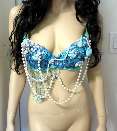 Turquoise Shell Mermaid Bra Cosplay Dance Costume Rave Bra Rave Wear Halloween Burlesque Show Girl