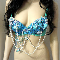 Turquoise Shell Mermaid Bra Cosplay Dance Costume Rave Bra Rave Wear Halloween Burlesque Show Girl - Thumbnail 1