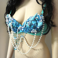 Turquoise Shell Mermaid Bra Cosplay Dance Costume Rave Bra Rave Wear Halloween Burlesque Show Girl - Thumbnail 2