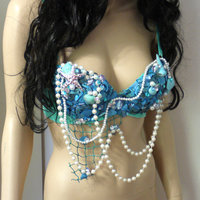 Turquoise Shell Mermaid Bra Cosplay Dance Costume Rave Bra Rave Wear Halloween Burlesque Show Girl - Thumbnail 3