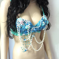 Turquoise Shell Mermaid Bra Cosplay Dance Costume Rave Bra Rave Wear Halloween Burlesque Show Girl - Thumbnail 4