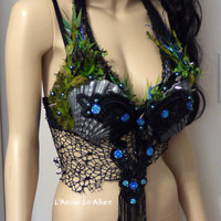 Silver Black Siren Mermaid Shell Bra Cosplay Dance Costume Rave Bra Rave Wear Halloween Burlesque Show Girl - Thumbnail 2