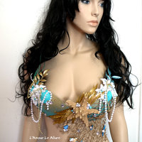 Dripping in Gold Turquoise Mermaid Bra Top Costume Cosplay Dance Costume Rave Bra Rave Wear Halloween Burlesque Show Girl - Thumbnail 2