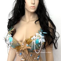 Dripping in Gold Turquoise Mermaid Bra Top Costume Cosplay Dance Costume Rave Bra Rave Wear Halloween Burlesque Show Girl - Thumbnail 1