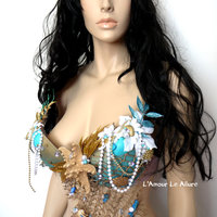 Dripping in Gold Turquoise Mermaid Bra Top Costume Cosplay Dance Costume Rave Bra Rave Wear Halloween Burlesque Show Girl - Thumbnail 3