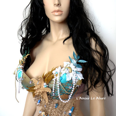 Dripping in gold turquoise mermaid bra top costume cosplay dance costume rave bra rave wear halloween burlesque show girl