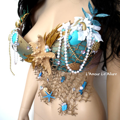 Dripping in gold turquoise mermaid bra top costume cosplay dance costume rave bra rave wear halloween burlesque show girl - Thumbnail 5
