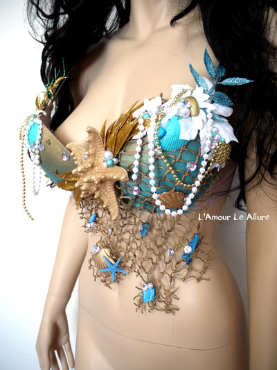 Dripping in Gold Turquoise Mermaid Bra Top Costume Cosplay Dance Costume Rave Bra Rave Wear Halloween Burlesque Show Girl