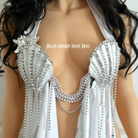 White Diamond Plunge Mermaid Shell Dance Costume Bra Festival Rave Wear Halloween - Thumbnail 2