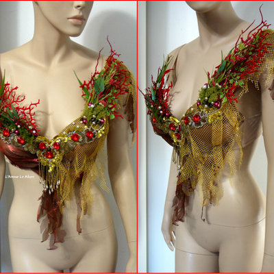 Red gold siren mermaid shell bra cosplay dance costume rave bra rave wear halloween burlesque show girl - Thumbnail 3