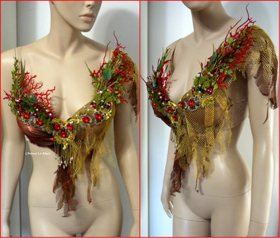 Red Gold Siren Mermaid Shell Bra Cosplay Dance Costume Rave Bra Rave Wear Halloween Burlesque Show Girl