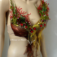 Red Gold Siren Mermaid Shell Bra Cosplay Dance Costume Rave Bra Rave Wear Halloween Burlesque Show Girl - Thumbnail 1