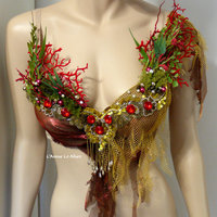 Red Gold Siren Mermaid Shell Bra Cosplay Dance Costume Rave Bra Rave Wear Halloween Burlesque Show Girl - Thumbnail 2