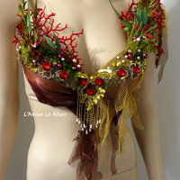 Red Gold Siren Mermaid Shell Bra Cosplay Dance Costume Rave Bra Rave Wear Halloween Burlesque Show Girl - Thumbnail 3