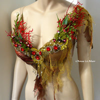 Red Gold Siren Mermaid Shell Bra Cosplay Dance Costume Rave Bra Rave Wear Halloween Burlesque Show Girl - Thumbnail 4