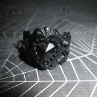 Black Heart Rhinestone Cabochon Ring with Black Filigree Base - Thumbnail 1