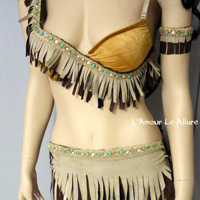 Pocahontas native fringe feather bra costume cosplay dance costume rave wear halloween burlesque show girl