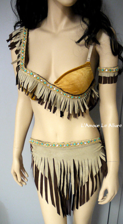 Pocahontas Native Fringe Feather Bra Costume Cosplay Dance Costume Rave Wear Halloween Burlesque Show Girl
