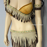 Pocahontas Native Fringe Feather Bra Costume Cosplay Dance Costume Rave Wear Halloween Burlesque Show Girl - Thumbnail 1