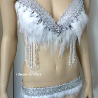 White Diamond Native Fringe Feather Bra Cosplay Dance Costume Rave Bra Halloween Burlesque Show Girl - Thumbnail 3