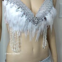 White Diamond Native Fringe Feather Bra Cosplay Dance Costume Rave Bra Halloween Burlesque Show Girl - Thumbnail 4
